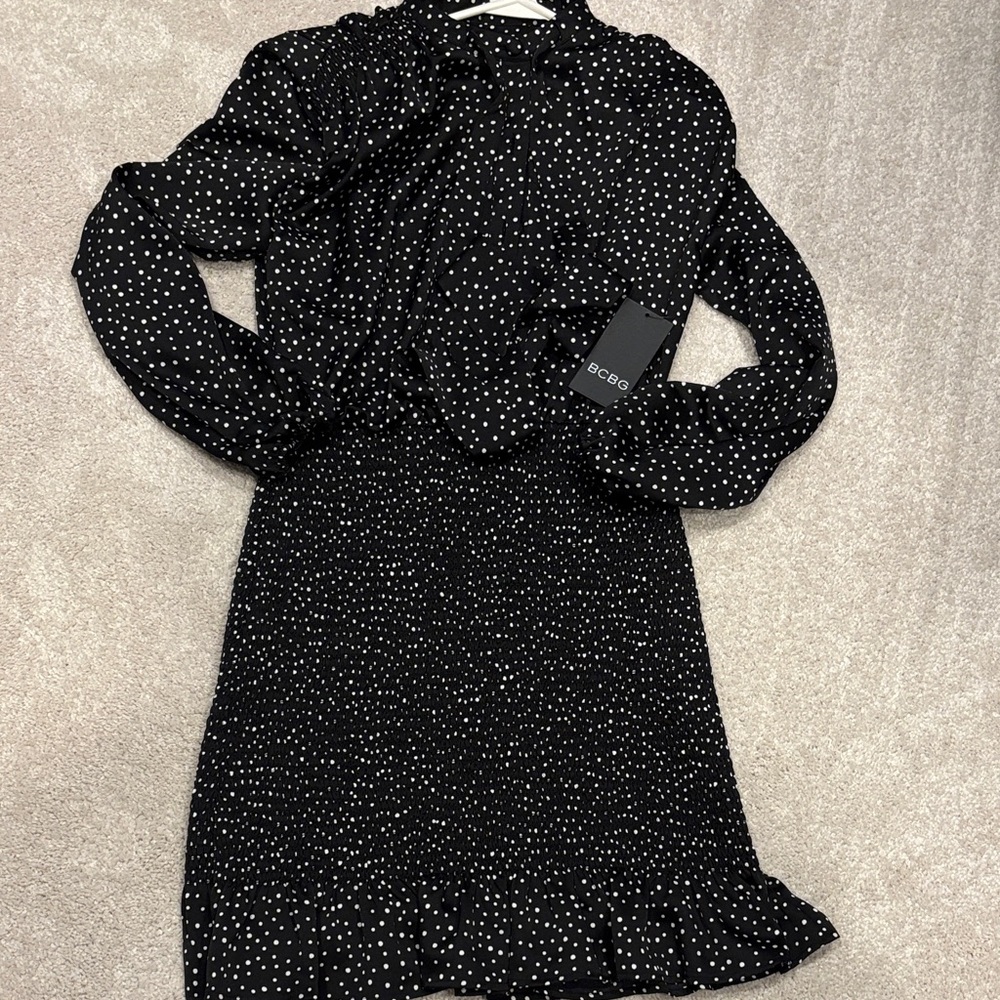 BCBG Black & White Polka Dot Long Sleeve Dress